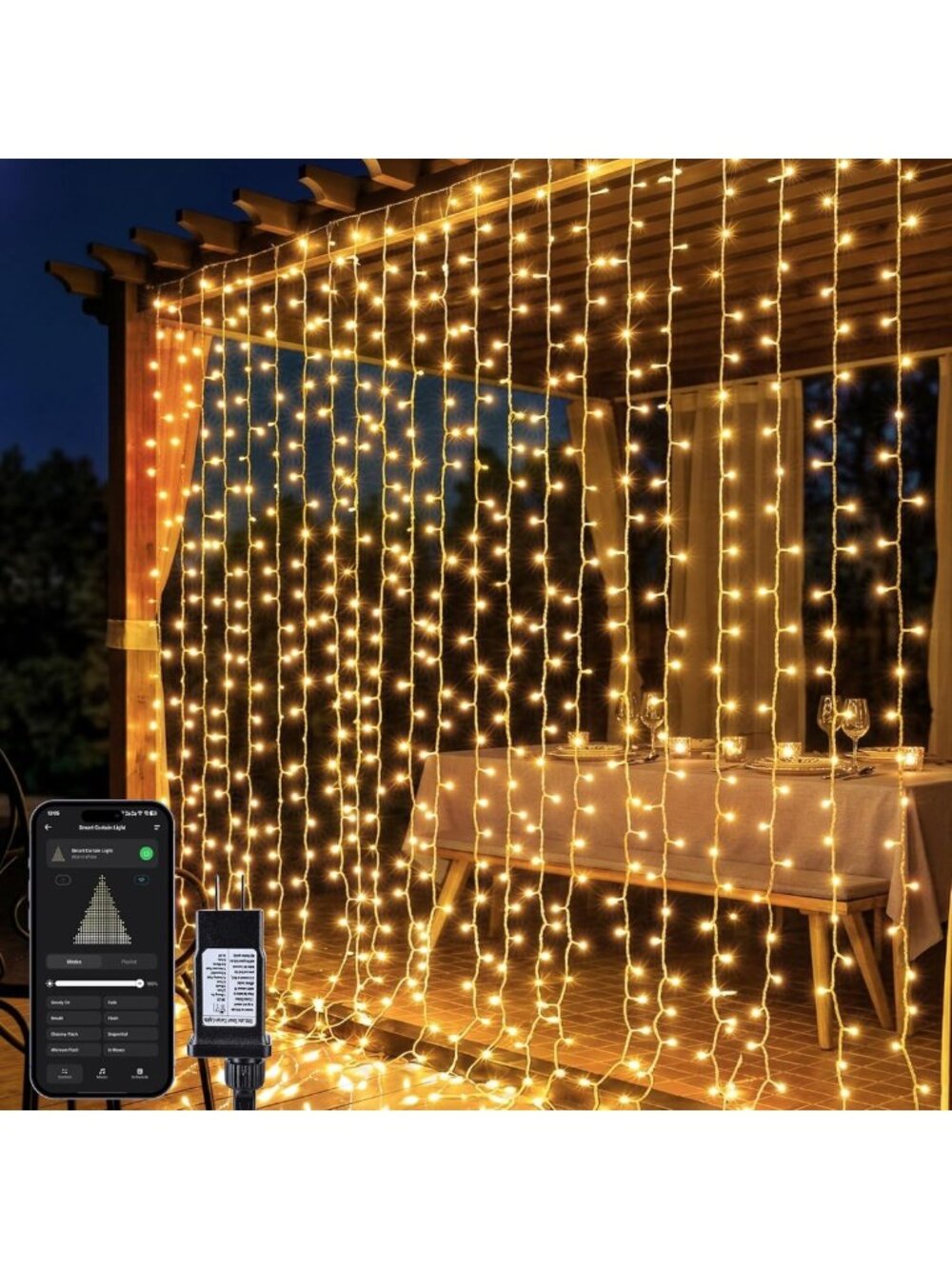 390 LED Smart Curtain Lights - App & Voice Control, Music Sync, Warm White Decor